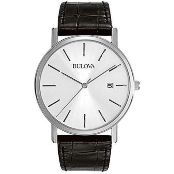 Bulova - Orologio Solo tempo 3 sfere, cassa in acciaio, cinturino in pelle nera, quadrante bianco con indici, fibbia ad