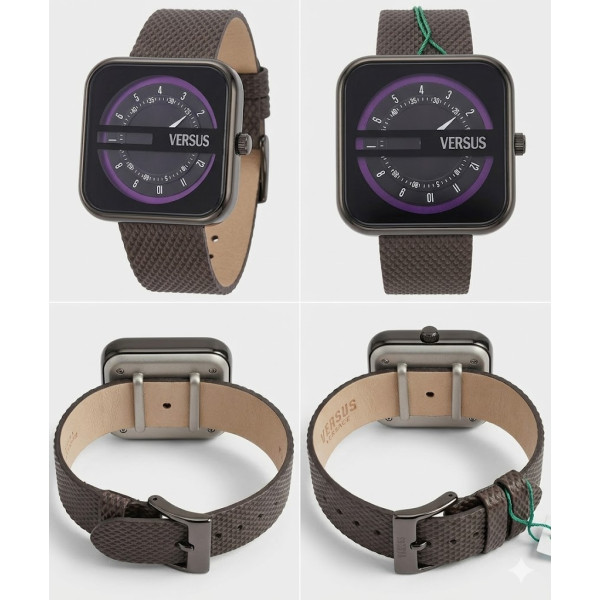 VERSUS VERSACE Orologio Uomo Square Quartz Grigio e Viola con Cinturino Texture
